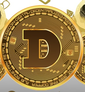A close-up image of a Dogecoin cryptocurrency physical coin, featuring the letter 'D' prominently in the center with circuit design details and surrounding text.